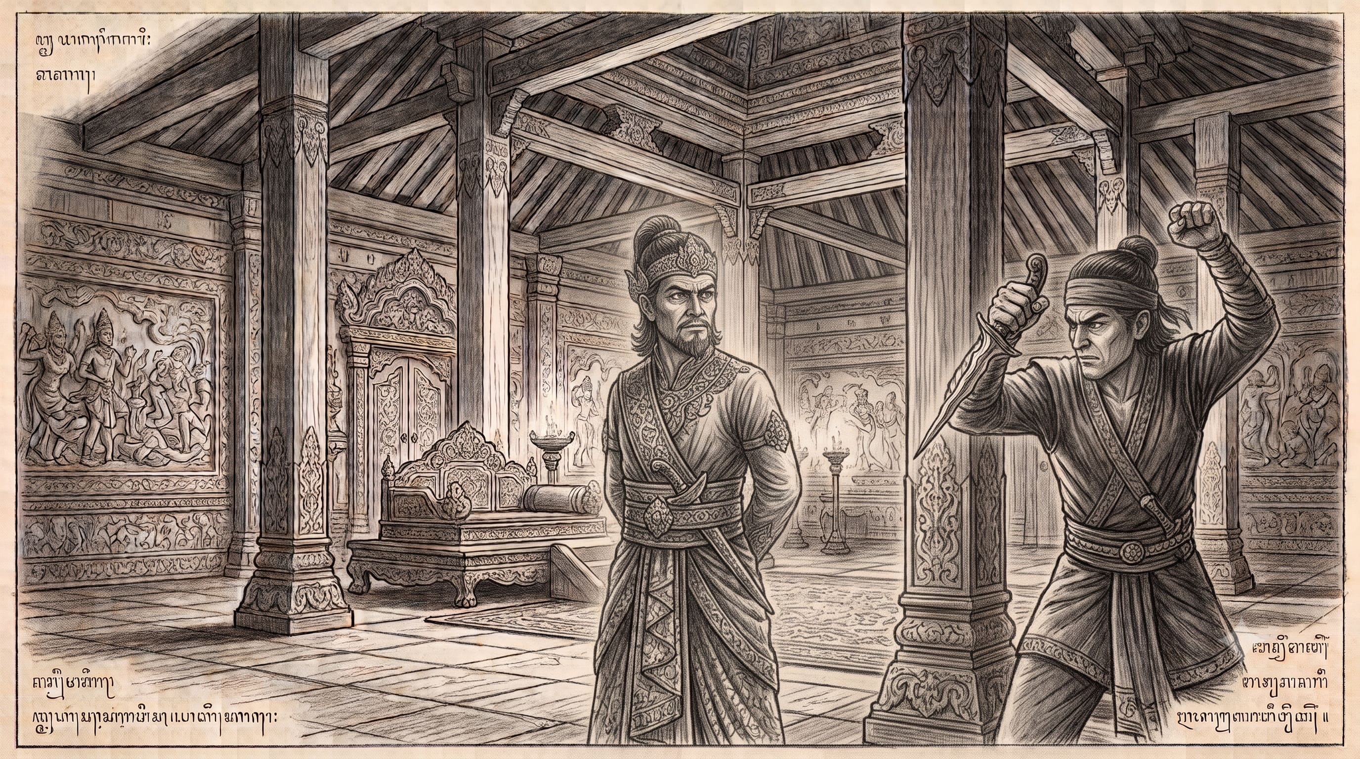 Sketsa ilustrasi epik klasik Jawa di dalam Bangsal Witana Majapahit. Tampak Prabu Rajasawardhana berdiri tegak dari belakang dalam jubah kerajaan, sementara di samping pilar besar, sang pembunuh bayangan Bharingan menggenggam keris luk lima dengan tatapan dingin, bersiap melakukan rajapati pengkhianatan.