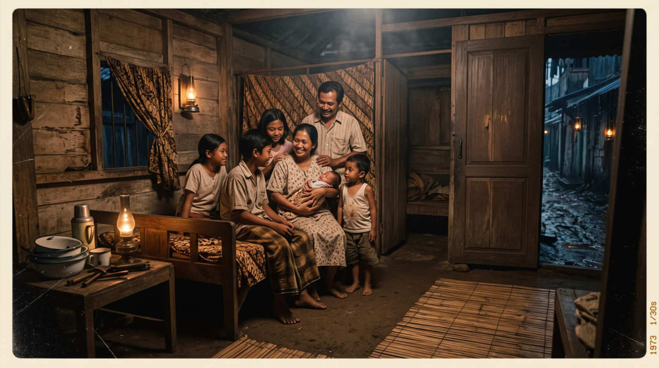 Suasana hangat di dalam rumah petak kayu Wonokromo. Kehadiran delapan anak yang berkumpul menyambut kelahiran adik kesembilan di bawah pendar redup lampu teplok.