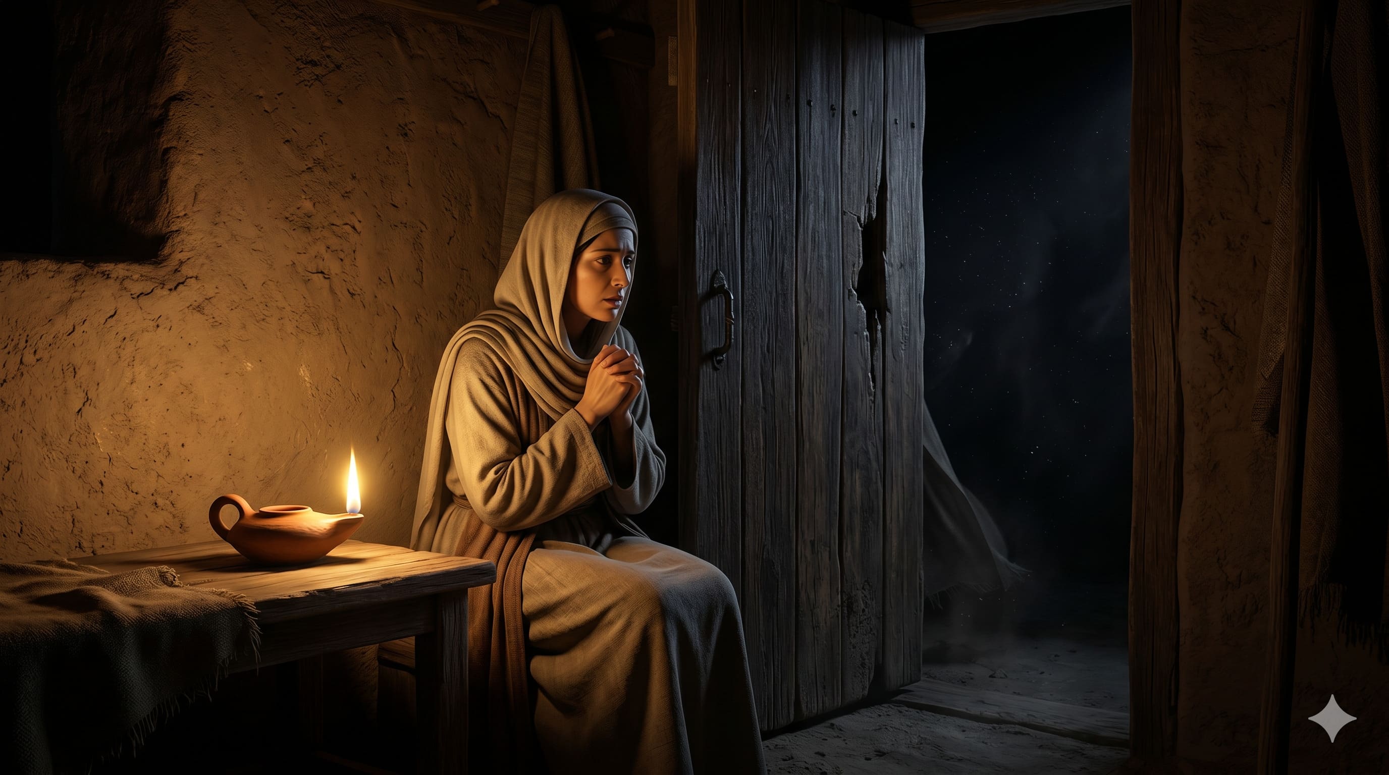 Maryam, an anxious woman, waited near the open door under the dim glow of the night lamp.