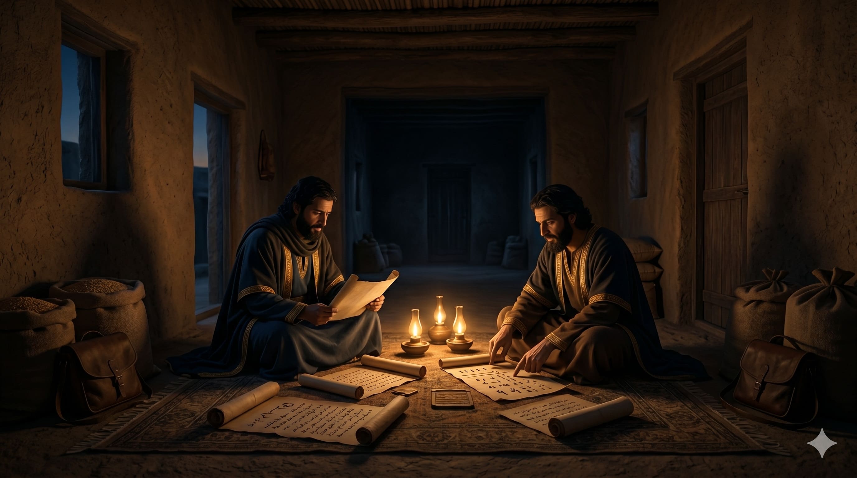 Abdullah and Harits scrutinized the scroll of supply records under the dim glow of the oil lamp before dawn..