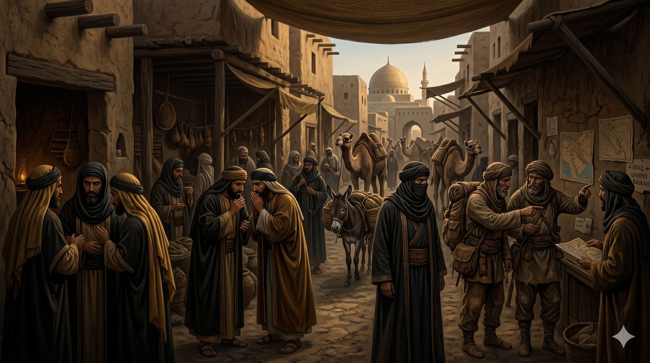 The bustling clamor of Medina’s morning bazaar, teeming with merchants, wayfarers, and camels, where groups of men whisper secrets near a map of the routes to Iraq and Basrah.