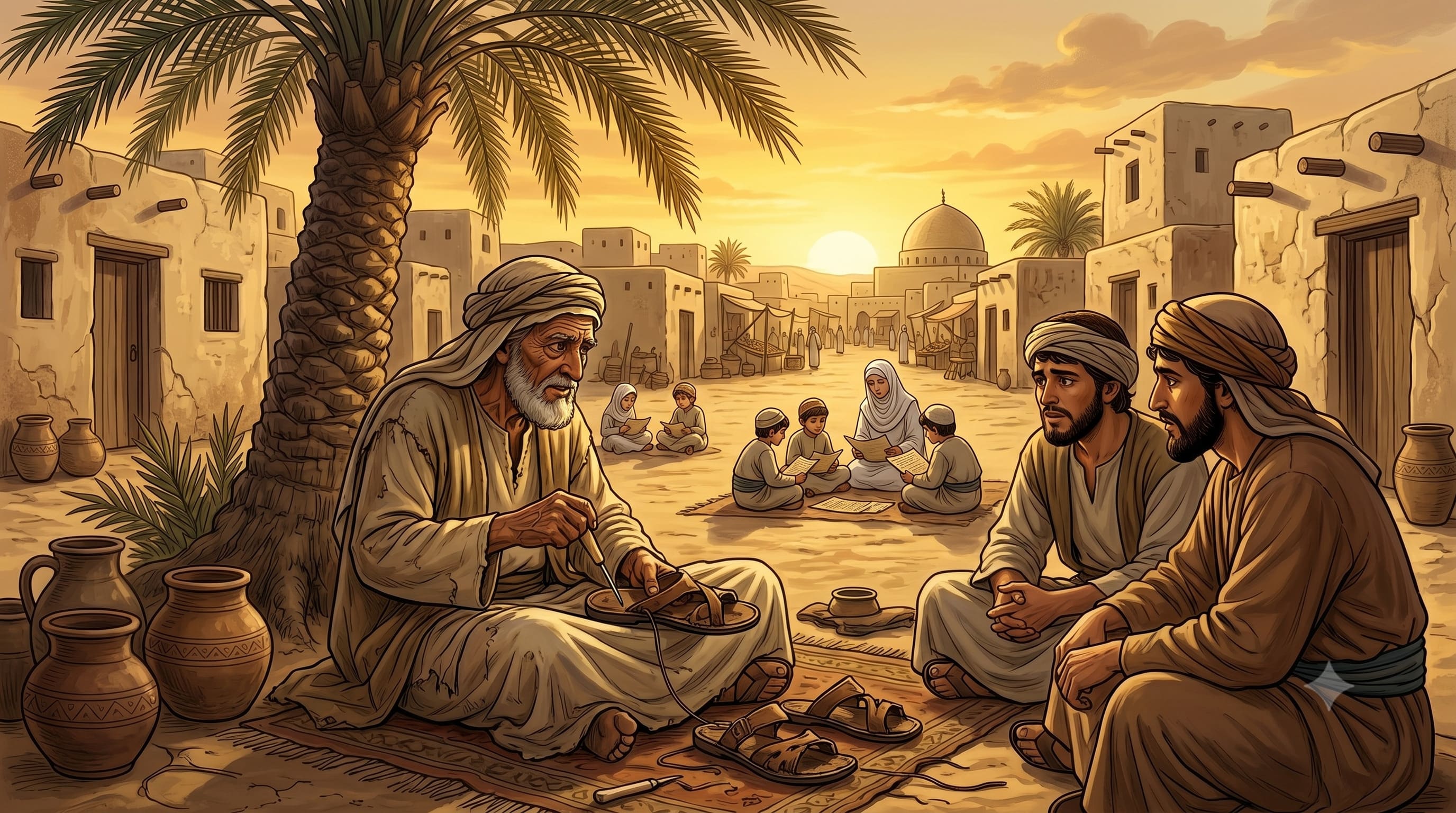 Abdullah and Harits visiting Salman who is taking shelter under a date palm.