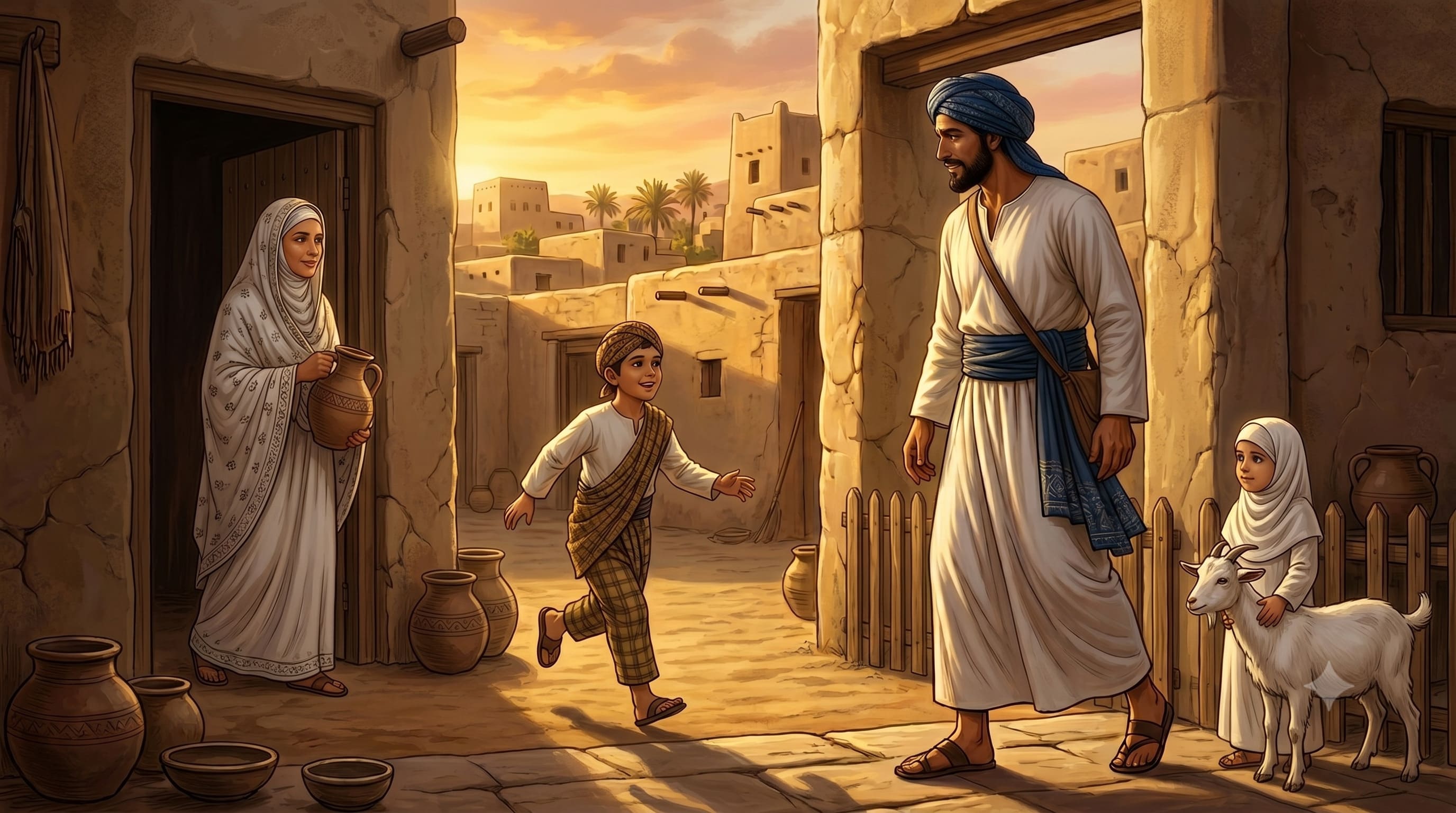 Abdullah returns home, greeted by his son Iskandar, his young daughter Fatimah, and his wife Maryam. Abdullah's face instantly brightens upon seeing his family.