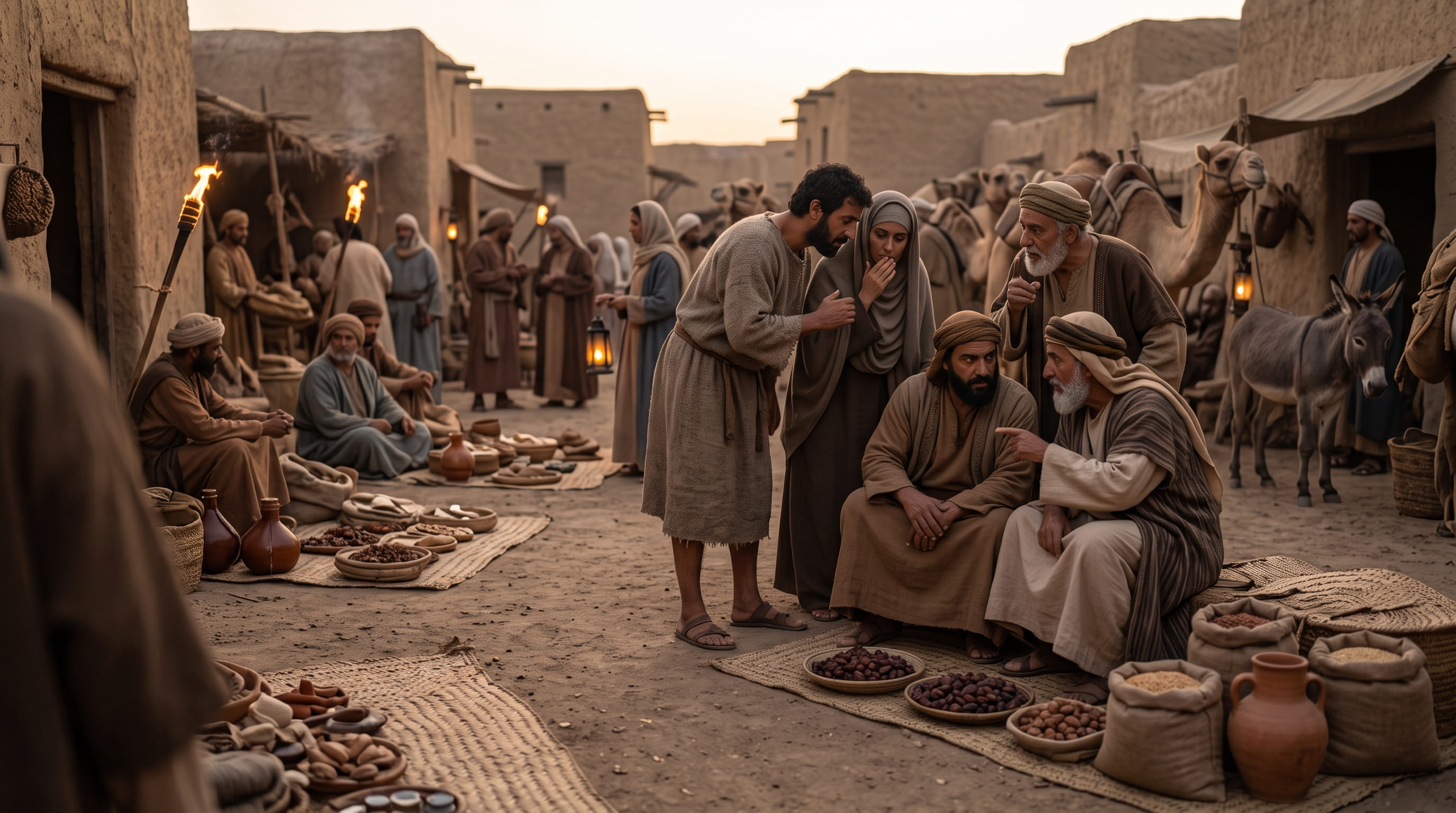 Merchants and residents of Medina whispered quietly amidst the mats of the afternoon market, while Abdullah and Samir observed the buying and selling, which was beginning to feel unusual.